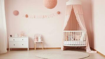 blanco de lana cobija y pastel rosado pompón y de madera cuna con pabellón en brillante bebé habitación interior, generativo ai foto