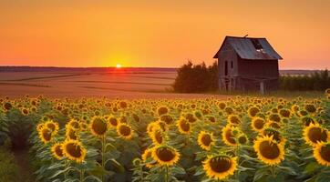 First sun rises in the morning above sunflowers field and old mill. Generative AI photo