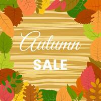 Autumn leaves on a wooden table and the inscription Autumn Sale. Vector illustration