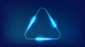 Neon rounded triangle frame with shining effects on dark background. Empty glowing techno backdrop. Vector illustration.