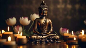 Buda estatua en meditación con loto flor y ardiente vela. meditación, espiritual salud, buscando zen concepto. generativo ai foto