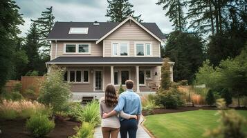 joven familia mirando a su nuevo hogar en pie con su espaldas, generativo ai foto