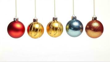 encantador adornos, reluciente Navidad pelotas suspendido en aire, infundir el blanco antecedentes con fiesta magia. generativo ai foto