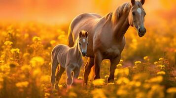 Mother and foal standing in a field of yellow flowers, in the style of beautiful, light red and light amber, Generative AI photo
