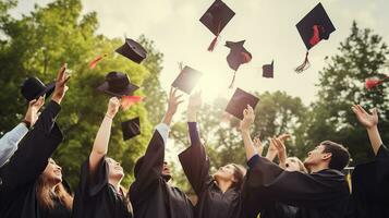 A group of graduates throwing graduation caps in the air. Generative AI photo