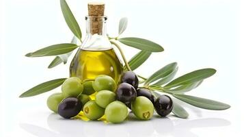 The Essence of Mediterranean, An Olive Branch, Olives, and Olive Oil on a White Background. Generative AI photo