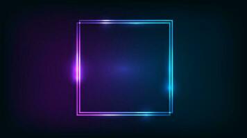 Neon double square frame with shining effects on dark background. Empty glowing techno backdrop. Vector illustration.