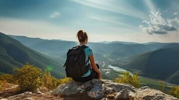 A Female Hiker's Blissful Vista from atop the Mountain Enjoying the view during the day. Generative AI photo