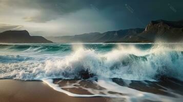 olas estrellarse en un playa con un montaña en el antecedentes. generativo ai foto