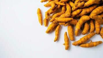 Bunch of ripe dried organic turmeric roots laid in composition on white background. Curcuma at table counter. Generative AI photo