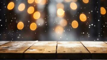 Wood table top with lights bokeh, Empty wooden for montage or display your products covered. Generative AI photo