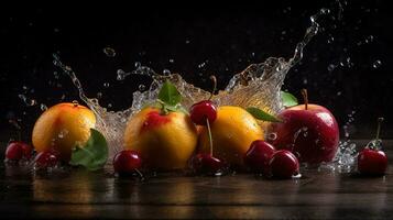Fresco multi frutas salpicaduras dentro claro agua chapoteo sano comida dieta frescura, generativo ai foto