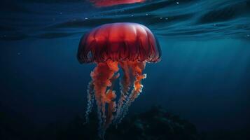 Red jellyfish dancing in the blue ocean water, compass jellyfish, wildlife, generative ai photo