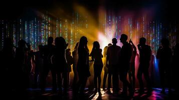 Silhouette of a party crowd on a disco lights background. AI Generative photo