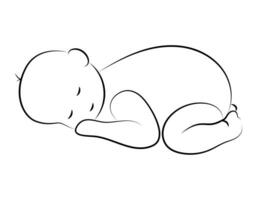 Cute newborn baby lying and sleeping on his stomach. Vector isolated illustration in line-art style.