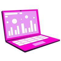 Open pink laptop with charts isolated. Women laptop for business and study vector