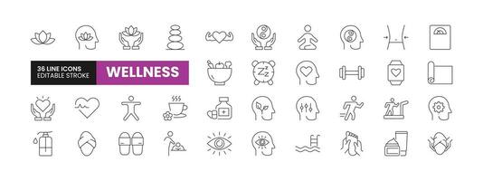 Set of 36 Wellness line icons set. Wellness outline icons with editable stroke collection. Includes Wellness, Sauna, Massage, Diet, Exercise and More. vector