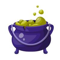 Cauldron with bubbles of magical green potion. Halloween cauldron in cartoon flat style. A large magic gurgling potion in a purple legged cauldron. vector