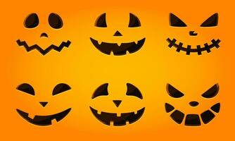 Black isolated Halloween pumpkin face patterns on orange. Scary and funny faces of Halloween pumpkin or ghost. Vector illustration