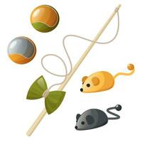 Set of pet toys in cartoon cute style. Toy mouse gray and yellow, bow on the handle, bow on a string, soft balls. Toys for cats, dogs and other pets vector