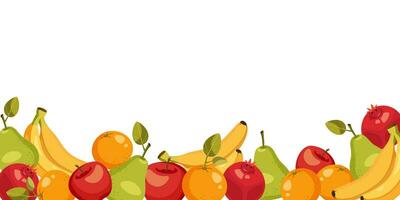 plantilla, marco desde frutas pera, manzana, naranja, plátano y granada. vector ilustración. gratis blanco circulo para texto