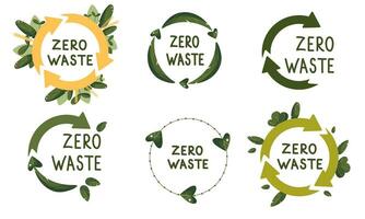 Zero waste labels. Green eco friendly label, reduce waste and recycle icon with plant leaves vector set. No plastic ecological protection logo with green