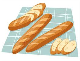 Sliced bread on a kitchen napkin. Freshly baked baguette, loaf. vector illustration in the style of cartoon, flat
