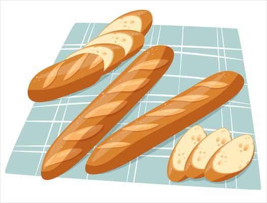 Sliced bread on a kitchen napkin. Freshly baked baguette, loaf. vector illustration in the style of cartoon, flat
