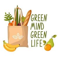 Shopper bag made of eco-friendly fabric with vegetables, fruits. Reusable canvas tote bag. Green mind, life and shopping concept. Flat vector illustration isolated on white background