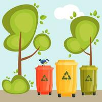 limpiar ciudad parque con basura contenedores para residuos clasificación y reciclaje. vector dibujos animados paisaje de público jardín con residuos clasificación contenedores