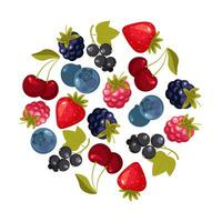 Berry Branch Round Composition Design with Sweet Tasty Garden Crop Vector Template. Round composition template consisting of blackberries, raspberries, strawberries, cherries, currants, blueberries.