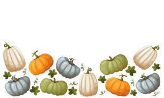 A variety of pumpkins arranged in a horizontal pattern. Suitable as Thanksgiving background, textiles, banners, wallpaper, packaging - vector image