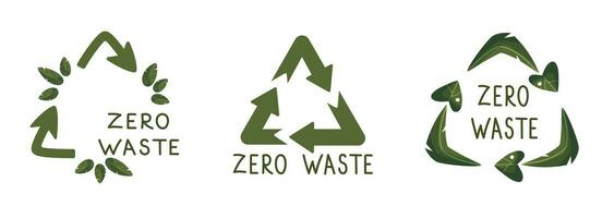 Zero waste labels. Green eco friendly label, reduce waste and recycle icon with plant leaves vector set. No plastic ecological protection logo with green