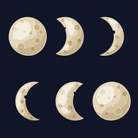 etapas de el luna, depilación o menguante creciente en un oscuro antecedentes. lunar eclipse en etapas vector ilustración de el Luna en dibujos animados, plano estilo.