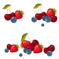 Set of colorful cartoon berries, blueberry, blackberry, cherry, raspberry, currant, strawberry. Vector flat icon illustration, isolated on white. Berries collected in a composition