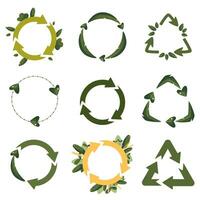 Recycling icons. Circle arrows, product reuse and ecology symbols, environmental protection logo. Collection of green recycling signs decorated with leaves on a white background. vector