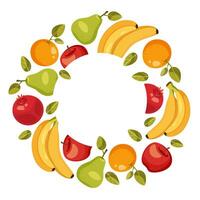 template, frame from fruits. pear, apple, orange, banana and pomegranate. vector illustration. free white circle for text