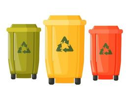 Different colored recycle waste bins. Waste types segregation recycling. Multicolored garbage containers for different types of waste. vector