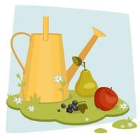 todavía vida consistente de un riego lata y fruta. Fruta cosecha y riego lata en el verde césped. manzana y Pera con un riego poder. cosecha, vector ilustración, dibujos animados plano