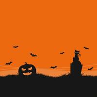 orange halloween template background with silhouette of pumpkin and cat sit on gravestone vector