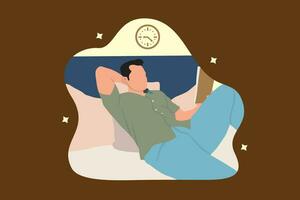 joven hombre dormido en cama a noche. vector ilustración en plano estilo