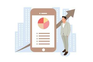 Vector illustration of a business man using a mobile phone and a graph in the background.