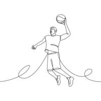 continuo línea dibujo de un baloncesto jugador saltando con el pelota en su mano. vector lineal ilustración, contorno