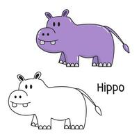 Vector illustration. Coloring book , Coloring hippo. Cartoon animal. Clipart set for nursery poster, Practice skills