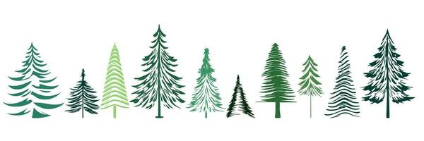 Pine tree hand drawn silhouette in green colors. Set of abstract Christmas tree. Fir tree Christmas symbol collection isolated on white background. Vector illustration.