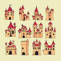 Collection of castles in colored outline style. Hand drawn doodle castle isolated on background. Vector illustration.
