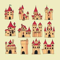 Collection of castles in colored outline style. Hand drawn doodle castle isolated on background. Vector illustration.