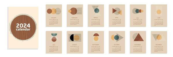 Abstract geometric calendar 2024. A4 calendar week starts from Sunday. 12 months templates. Calendar for 2024 year in English. Vector illustration.