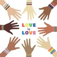 LGBT Pride Month Multiracial hands. Multiracial hands in a circle. Vector illustration. Different flags.