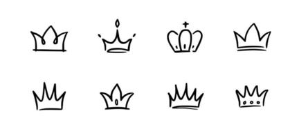 Doodle crown hand drawn set. Doodle princess crown, queen tiara. Line sketch royal element. Queen, king hand drawn simple design element. Isolated vector